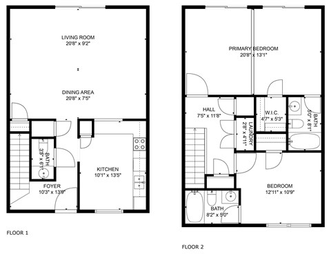 Floor plan for 3 beds, 2.5 baths, 1306 sqft